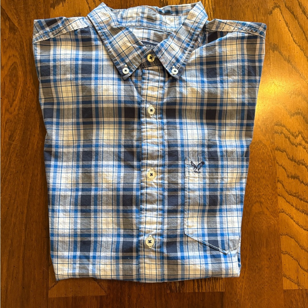 American Eagle Outfitters Blue and White Plaid Button-Down